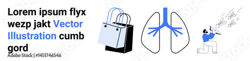 Shopping bags convey retail or sustainability, lung diagram suggests health or anatomy, musician playing trumpet represents creativity or art. Ideal for retail, medicine, education, lifestyle