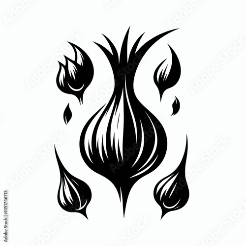  very simple flat and single minimalist Garlic Silhouettes in black on a white background 