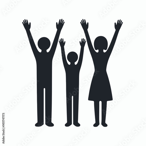  very simple flat and single minimalist Three People Rasing Hands Silhouettes in black on a white background 