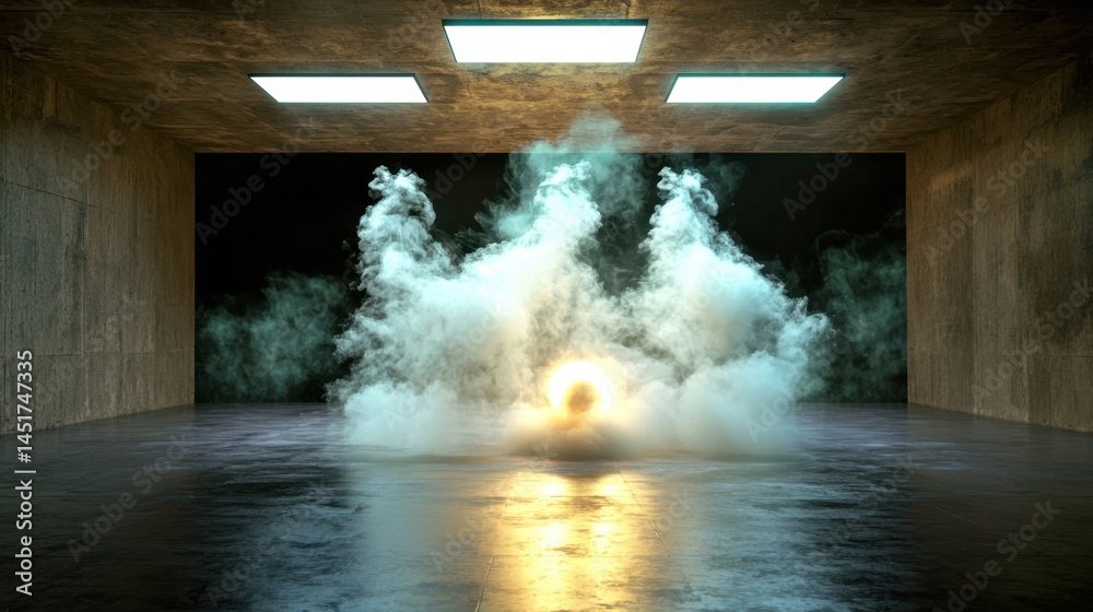 Mystical swirling mist and smoke over black floor, dramatic abstract light and fog dance