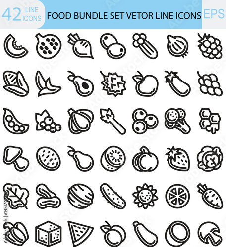 Fruits and vegetables related vector icons set
