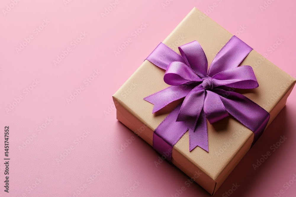 Purple-bow gift box on pink background Purple-bow gift box on pink background