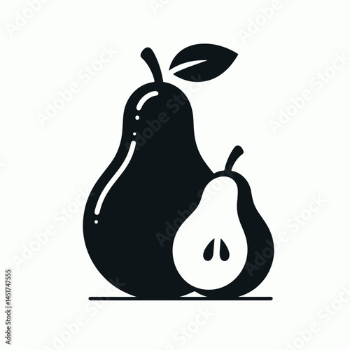  very simple flat and single minimalist Pear and Half Pear Silhouettes in black on a white background 