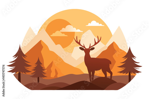 Silhouette of a deer standing proudly before mountainous terrain during a vibrant sunset scenery