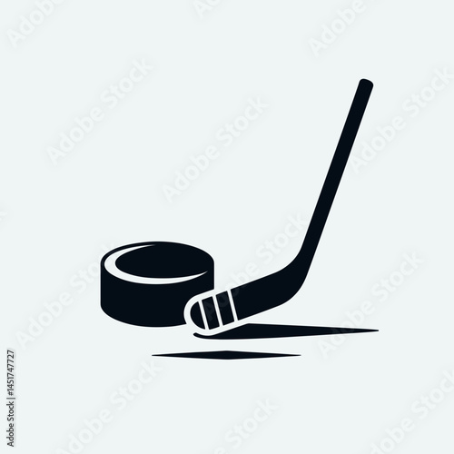  very simple flat and single minimalist Hockey Stick and Puck Silhouettes in black on a white background