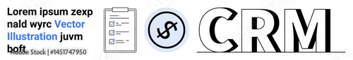 CRM acronym in large font next to clipboard and finance icon. Ideal for finance management, CRM tools, team collaboration, automation, sales strategy, data handling, and simple landing page