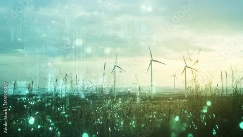 Wind turbines in a field, overlaid with digital data