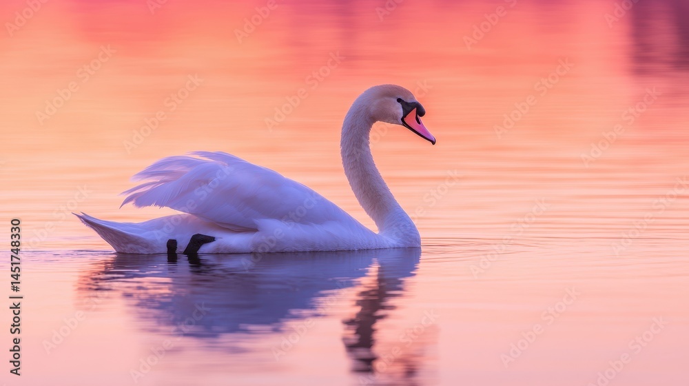 Obraz premium A serene swan floats gracefully on calm water, illuminated by the soft hues of a pink sunset sky.