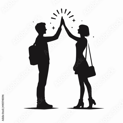  very simple flat and single minimalist Two People High Fiving Silhouettes in black on a white background 
