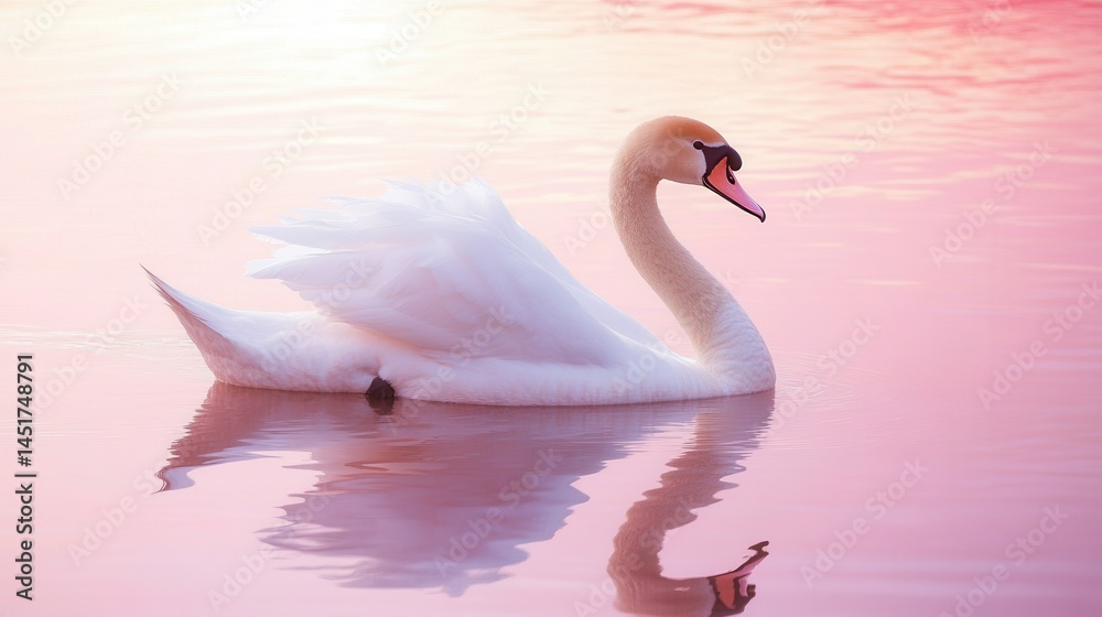 Fototapeta premium A serene swan floats gracefully on calm water, illuminated by the soft hues of a pink sunset sky.
