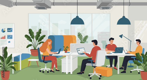 Modern office workers collaborating in a bright workspace  