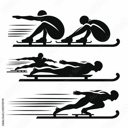very simple flat and single minimalist Bobsleigh and Athletes Silhouettes in black on a white background 