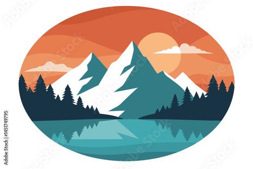 Snowcapped mountains dominate above tranquil lake reflecting pine trees in peaceful scenic circle