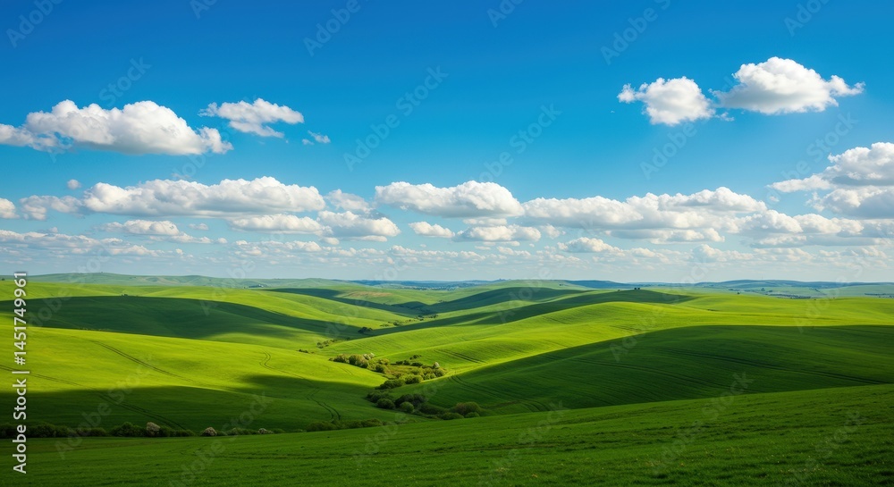 Fototapeta premium Rolling Green Hills Landscape Under a Cloudy Blue Sky