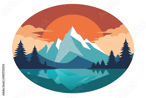 Snowy mountains reflect on a tranquil lake under a dusky sunset, appearing as a flat design