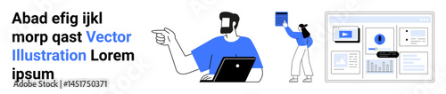 Man with laptop pointing, woman placing content, and an analytics dashboard. Ideal for teamwork, digital tools, tech innovation, presentation, data sharing, remote work flat landing page banner