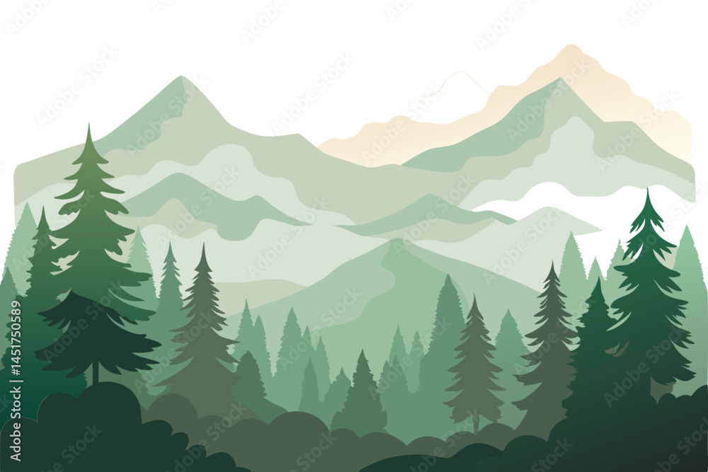 Fototapeta premium Soft green mountains layer behind a pine forest, creating an ethereal nature vista with a transparent background