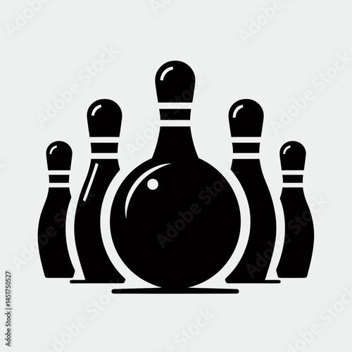  very simple flat and single minimalist Bowling Ball  Pin Silhouettes in black on a white background 