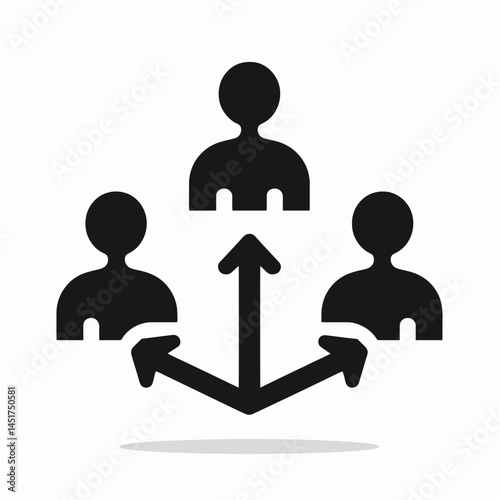  very simple flat and single minimalist Three People Connected by Arrows Silhouettes in black on a white background 