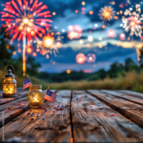Magazine-Worthy Wooden Table with Spectacular Fireworks Background, Perfect for Celebrations, New Year, Independence Day, and Festive Events