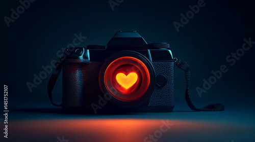 Stylized silhouette of a camera with a glowing heart inside the lens concept of photography as passion.
