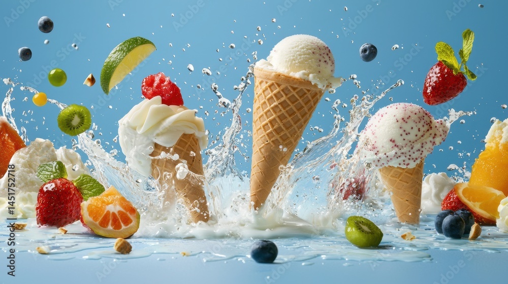 Whimsical ice cream splashes and bursts captured in lively, colorful scenes