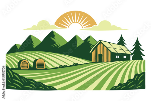 Sunny farm displays rural charm with fields, mountains, and a wooden barn