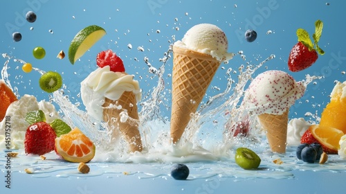 Whimsical ice cream splashes and bursts captured in lively, colorful scenes