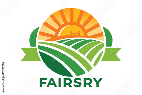 Sunny fields with sunrise shine over agricultural land surrounded by green ribbon on white