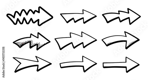 Hand-Drawn Arrow Set: Nine Unique Wavy & Jagged Directional Indicators