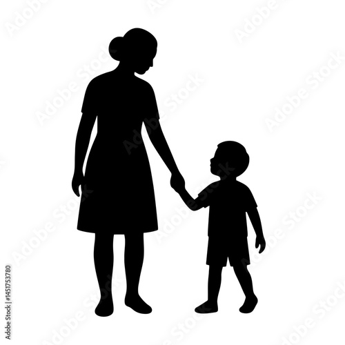  very simple flat and single minimalist Mother  Boy Silhouettes in black on a white background 