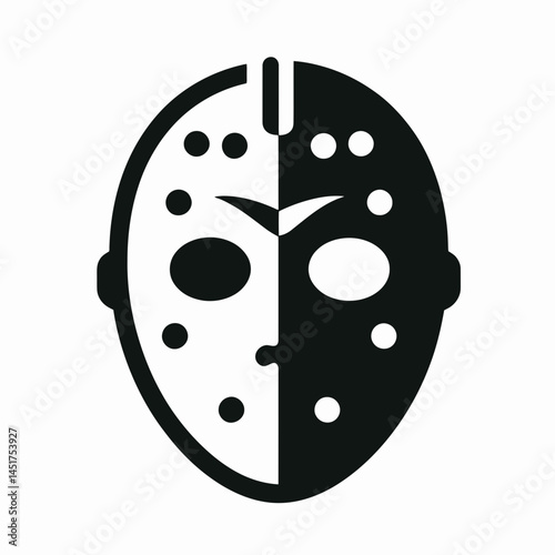  very simple flat and single minimalist White Jason Mask Silhouettes in black on a white background 