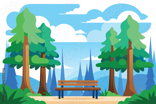 The tranquil park bench invites nature lovers amidst towering trees and cloudy blue sky