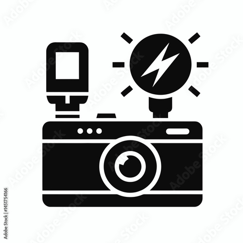  very simple flat and single minimalist Camera and Flash Silhouettes in black on a white background