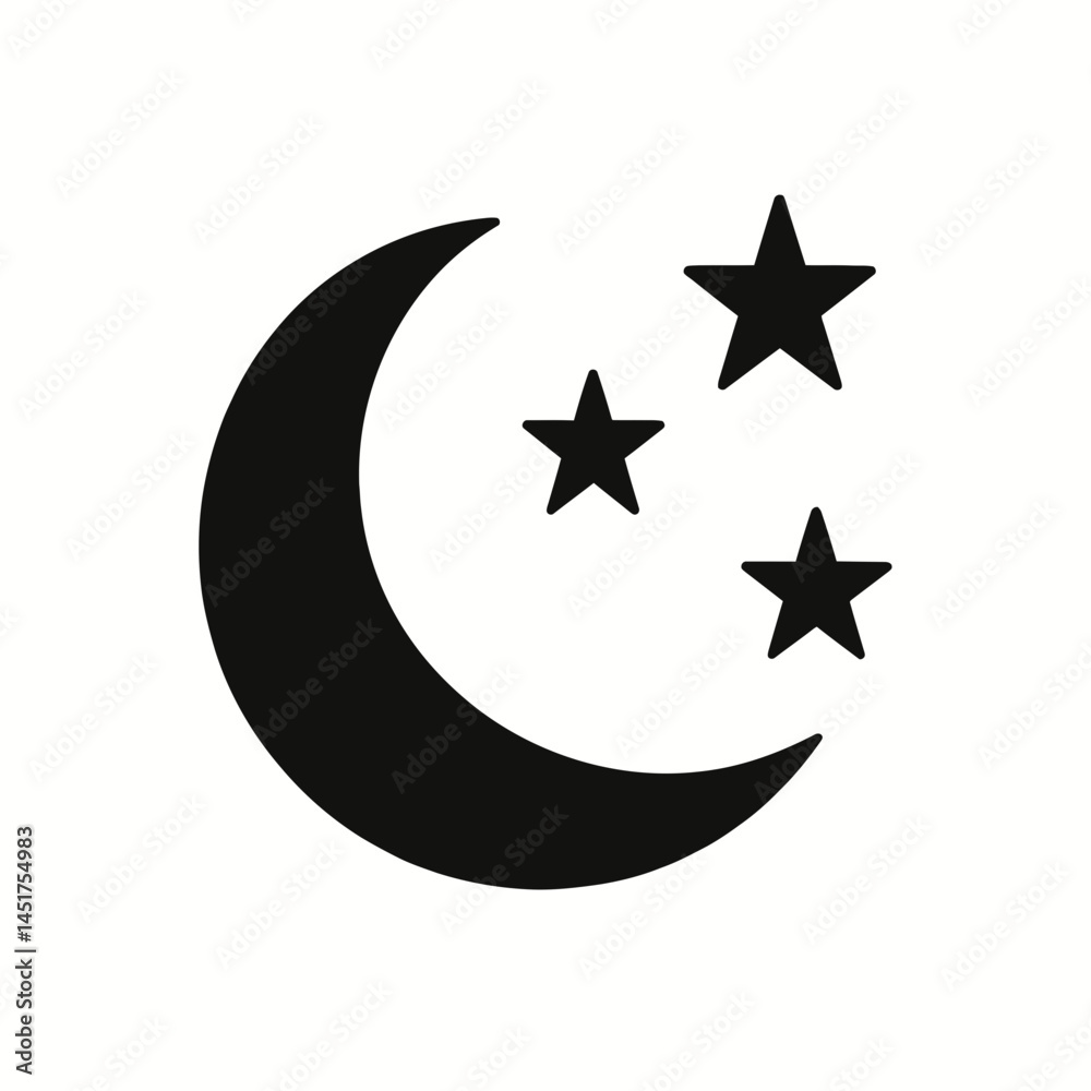 very simple flat and single minimalist Moon and Stars Silhouettes in black on a white background very simple flat and single minimalist Moon and Stars Silhouettes in black on a white background