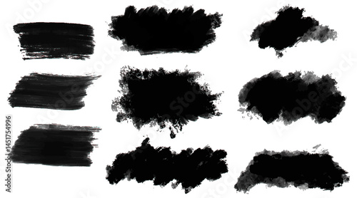 Brush paint vector set. Messy ink brush strokes, blots, daubs. Chinese, Japanese, Korean calligraphy strokes. Black abstract messy spot collection. Grungy frames pack.