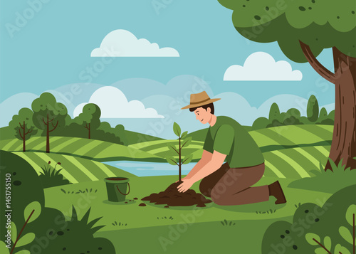 A cheerful illustration of a person planting a young tree in a lush green landscape. The scene captures emphasizing the importance of environmental conservation