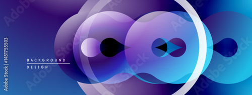 Abstract design features overlapping circles, gradients. Purple, blue hues create modern visual effect. Smooth transitions dominate composition.