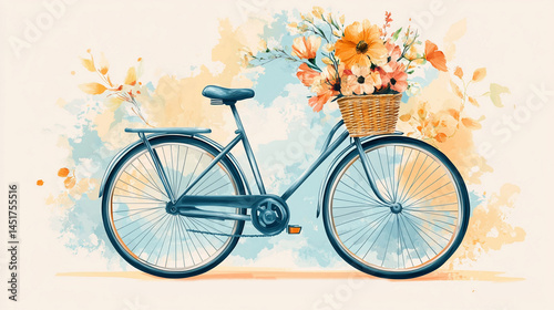 Vector art of a bicycle with flowers in the basket, World Bicycle Day text, pastel background.