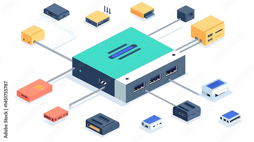 Network Hub with Devices Connected. Network Hub with Devices Connected.