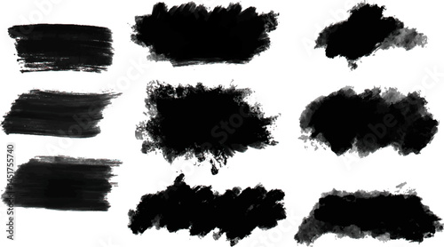 Brush paint vector set. Messy ink brush strokes, blots, daubs. Chinese, Japanese, Korean calligraphy strokes. Black abstract messy spot collection. Grungy frames pack.