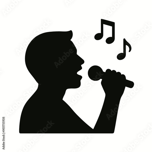  very simple flat and single minimalist Man Singing Silhouettes in black on a white background 