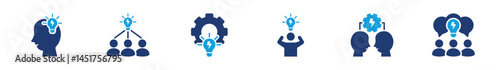 Brainstorming icon collection showing creative process, idea sharing, teamwork, and collaboration using solid style in blue tone