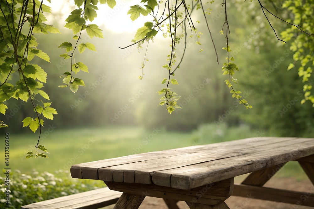 Naklejka premium A wooden picnic table sits beneath green leaves in a serene outdoor setting