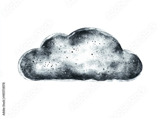 A simple, hand-drawn watercolor depiction of a dark gray cumulus cloud against a white background, showcasing textured shading and subtle speckles