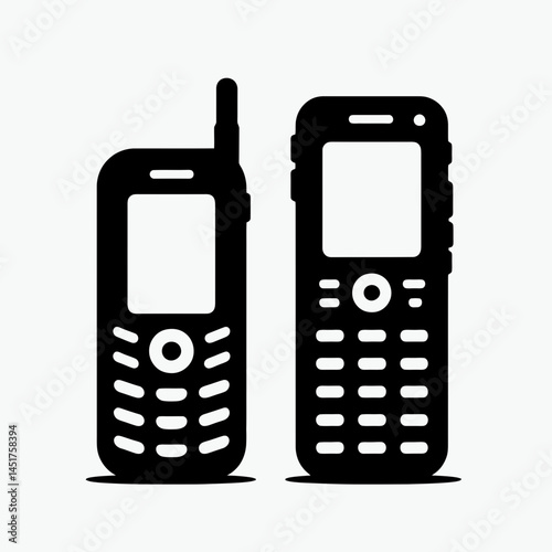  very simple flat and single minimalist Old and New Cell Phone Silhouettes in black on a white background 