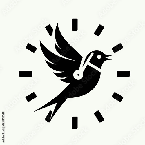  very simple flat and single minimalist Bird Clock Silhouettes in black on a white background
