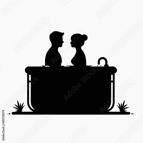  very simple flat and single minimalist Couple in Hot tub Silhouettes in black on a white background
