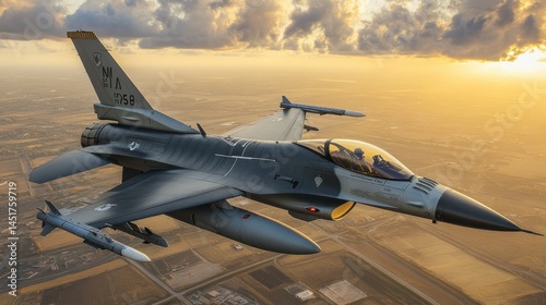 Fighter jet soaring above landscape at sunset