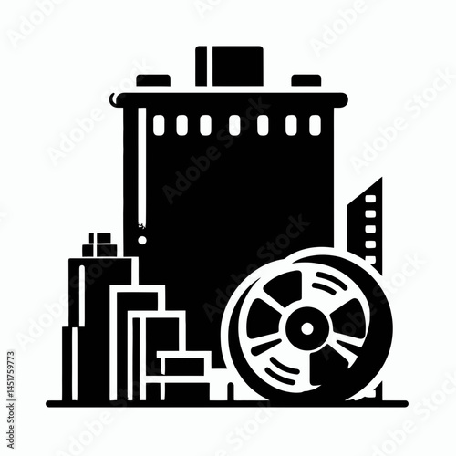  very simple flat and single minimalist Film Roll and Darkroom Silhouettes in black on a white background 